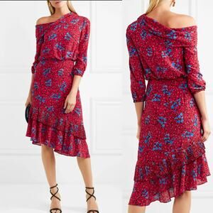 SALONI Lexie Red Floral Asymmetrical Ruffle Pleat Cold Shoulder Silk Dress US 0
